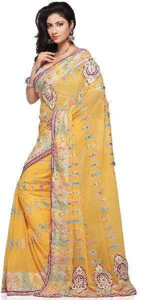 Aarya Ethnics Yellow Color Georgette Embroidered Saree_DN-616-C