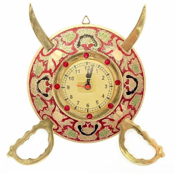 Little India Rajasthani Real Brass Sword Armour Wall Clock