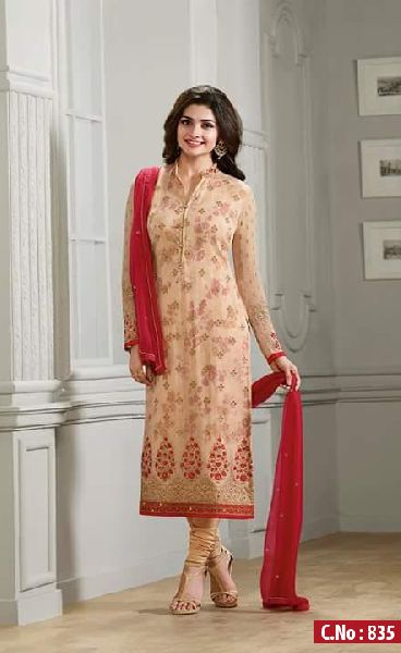 peach Embroidered Straight cut Salwar suit