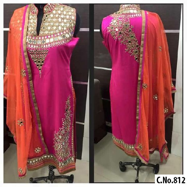 designer pink Georgette Embroidery Mirror Handwork Straight cut Salwar suit