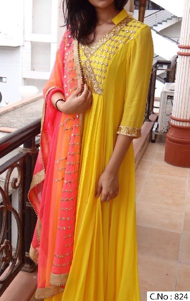 yellow Embroidery Mirror Handwork anarkali salwar suit