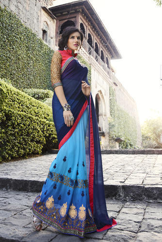 Shaily Navy Blue Georgette Heavy Embroidered Saree