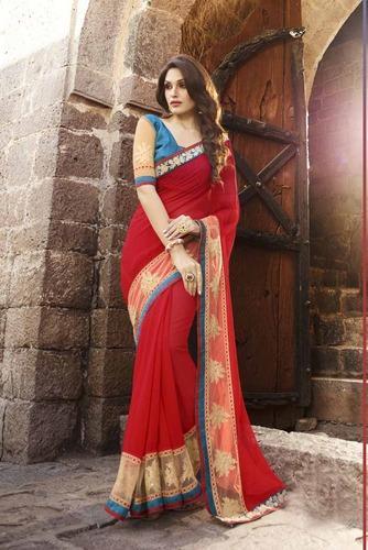 Shaily Red Georgette Heavy Embroidered Saree