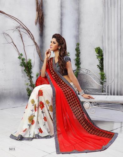 Shaily White & Red Georgette Printed Saree