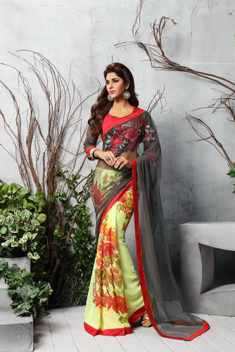Shaily Yellow & Grey Georgette Printed Saree