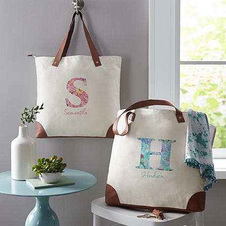 Floral Initial Name Canvas Tote