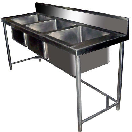 Polished Plain Stainless Steel Three Sink Work Table, Feature : Crack Proof, Rust Proof, Stylish