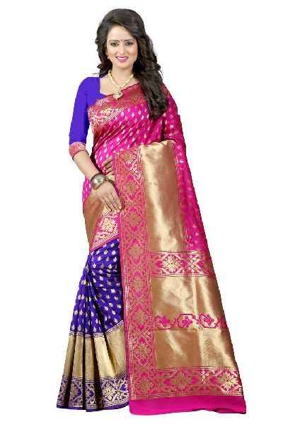 Chanderi Silk Sarees, Color : Purple + Gold + Pink