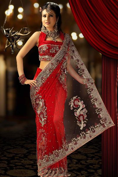 Wedding Net Sarees, Color : Red