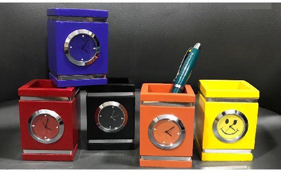 Wooden Pen Stand with Clock
