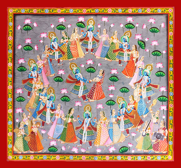Pichwai depicting Maha-Raas, Color : Natural stone pigments, gold, silver