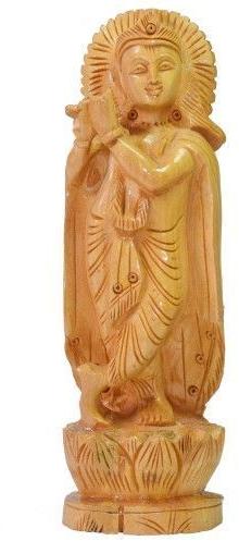 Wood Handcrafted Lord Krishna Statue, Color : light brown