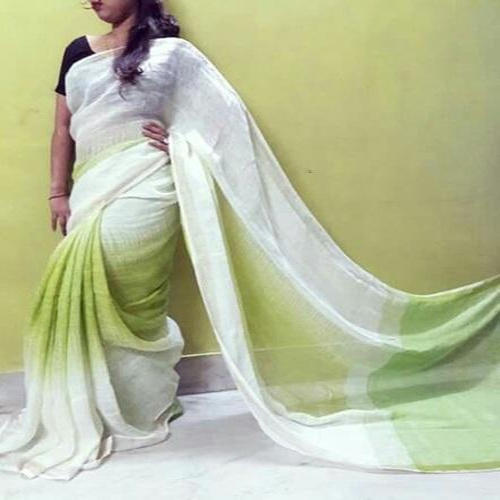White and Green Linen Sarees, Width : 42-44 Inch