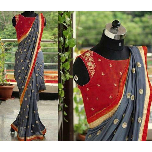 Grey and Red Embroidered Sarees, Occasion : Party wear