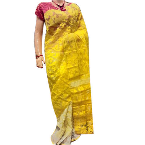 Yellow and White Jamdani Dhakai Sarees, Occasion : Casual Wear