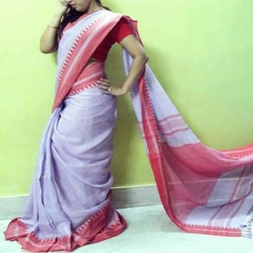 White and Red Linen Sarees, Width : 42-44 Inch