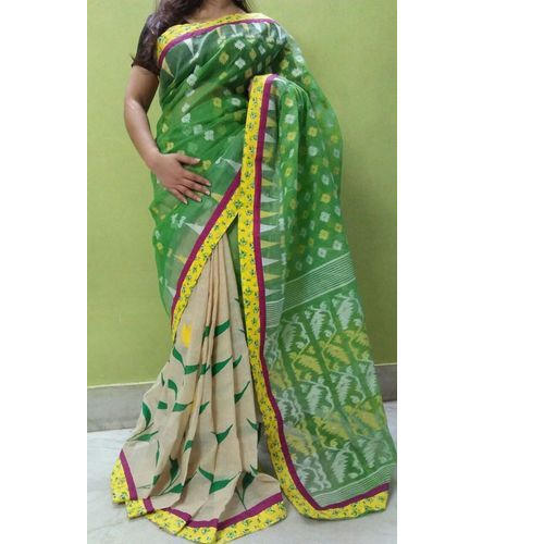 Cream and Green Dhakai Sarees, Occasion : Party wear