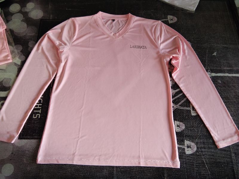 Light Pink Polyester V Neck Full Sleeve T-Shirt