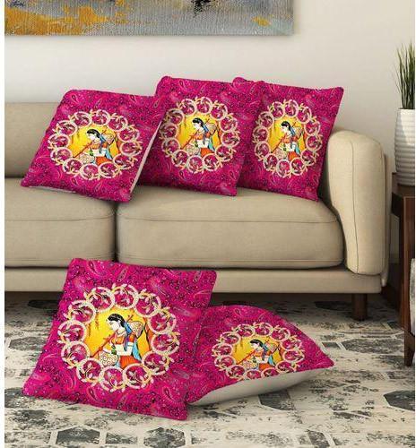 Devyansh Creations Jute Meerabai Print Cushion Covers, Pattern : Printed, Size : 45cm X 45cm