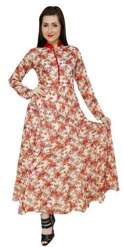 Printed Cotton/Linen Ladies Long Dress, Size : XS, M