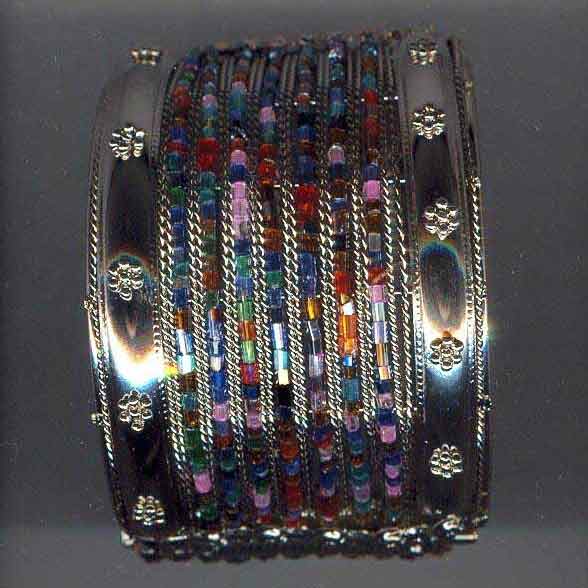 BG-19 Antique Silver Plating glass bead work cuff bangles