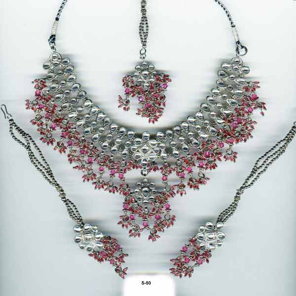 S-50 Antique silver Plating kundan work brass tika earrings necklace set