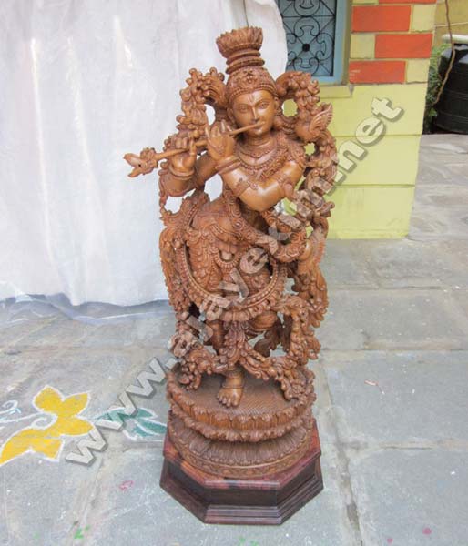 Teakwood Krishna Statue, Color : Brown