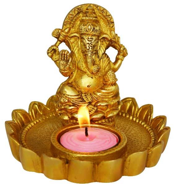 Diya with Metal bronze Ganesh statue in yellow finish