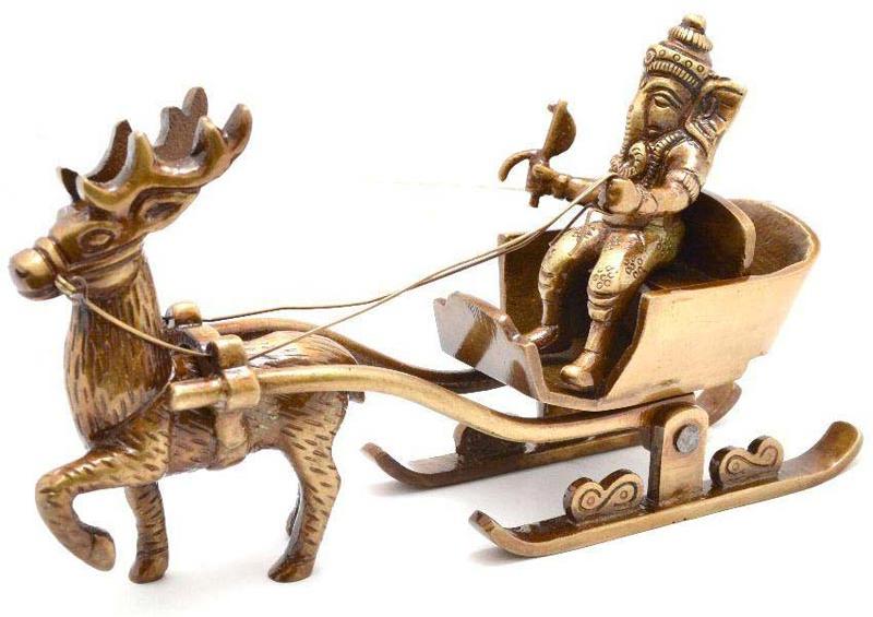 Ganesha\'s sleigh riding reindeer Brass Statue
