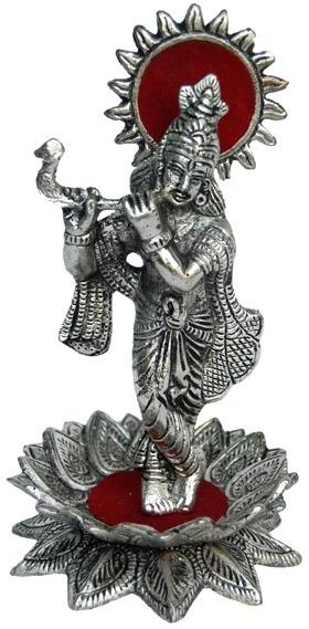 Krishna Playing Flute Statue Standing on Lotus in white metal