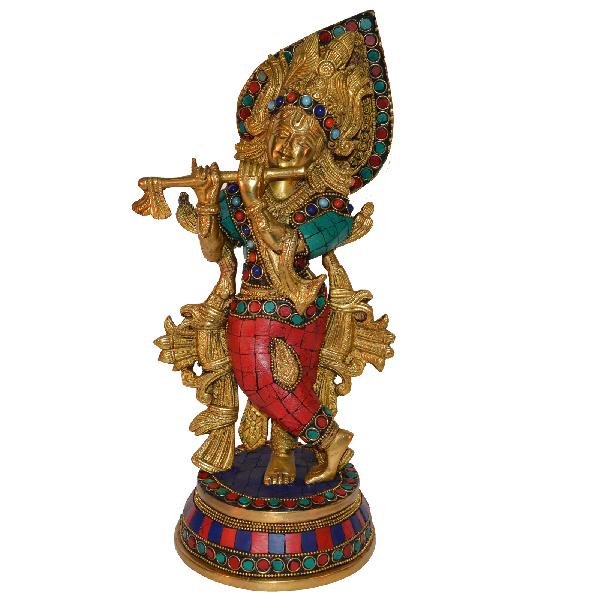 Krishna Statue Made in Brass Metal with turquoise stone finish