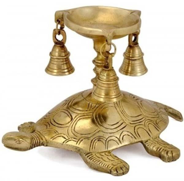 Oil diya with bells on Tortoise made in brass metal