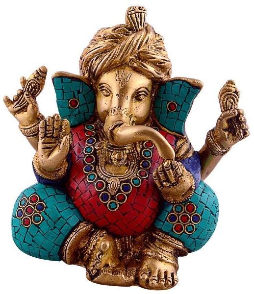 Turquoise Work Lord Ganesha Wearing Turbon Brass Statue