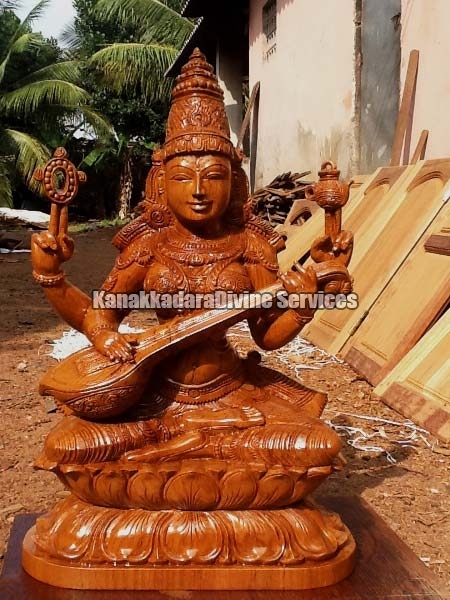 Teak Wood Goddess Saraswathi Statue