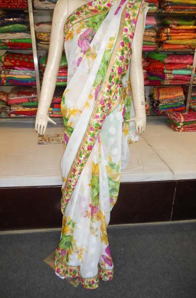 Designer Fancy Border Printed Georgette White Saree