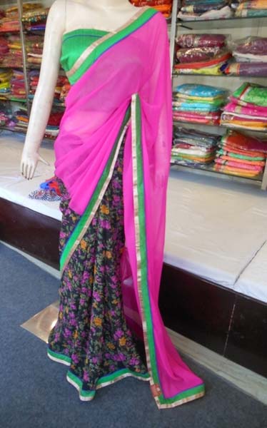 Designer Half Half Printed georgette Pink and Black Saree