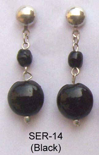 Glass Bead Earring (SER-14 Black), Color : Silver
