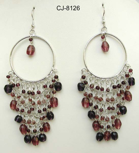 Glass Bead Earrings (CJ-8126), Color : Purple Silver