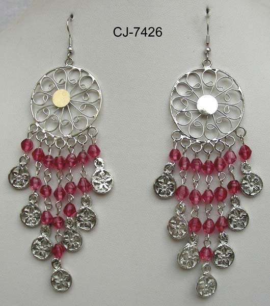 Hind International Glass Beads Earrings, Color : Pink Silver
