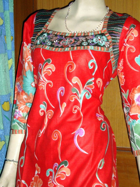 Embroidered Neck Cotton Red Kurti