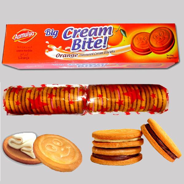 Aamulya Round spft orange cream biscuit, Packaging Type : Bag, Box, Family Pack, Single Package