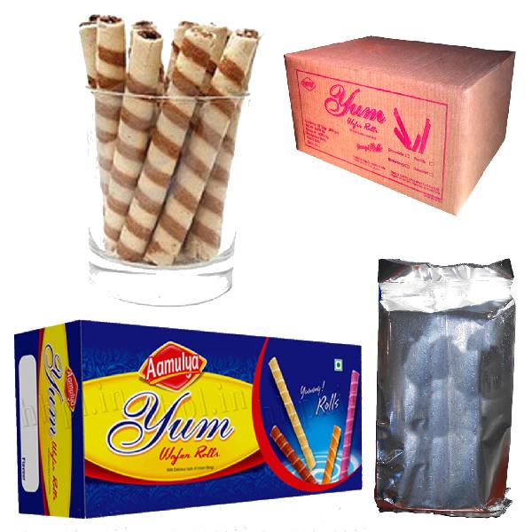 Aamulya soft Chocolate Wafer Roll, Packaging Type : Box, Single Package, TIN