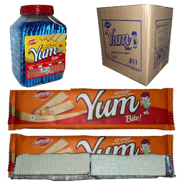 Aamulya Yum Orange Wafers, Packaging Type : Bag, Box, Bulk, Family Pack, Gift Packing, Single Package