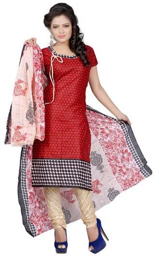 Churidar Neck Pattern Dress Material, Color : Red