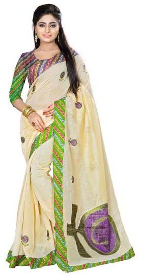 Cotton Embroidery Designs Saree, Color : Beige