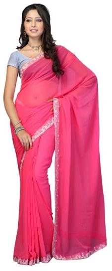 Pink Plain Chiffon Saree