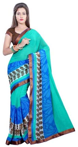 Turquoise Striped Georgette Saree