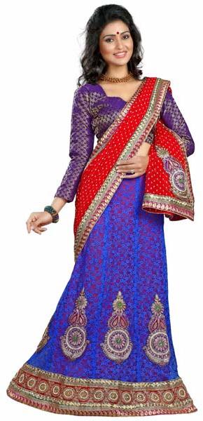 Alluring Blue Colored Georgette Net Lehenga Saree