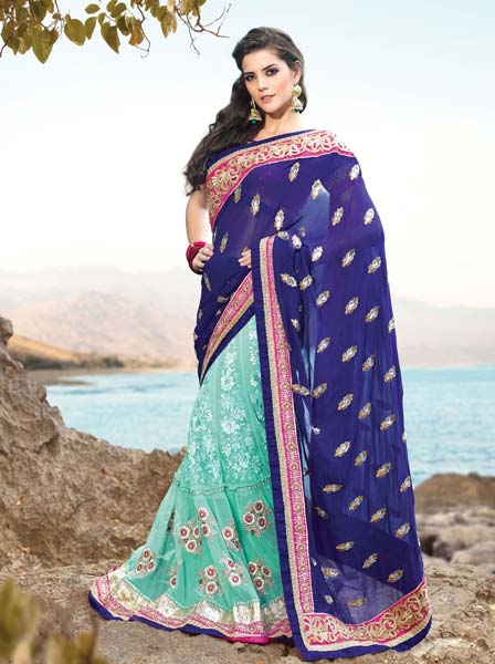 Beautiful Traditional Butti Embroidered Saree, Color : Blue
