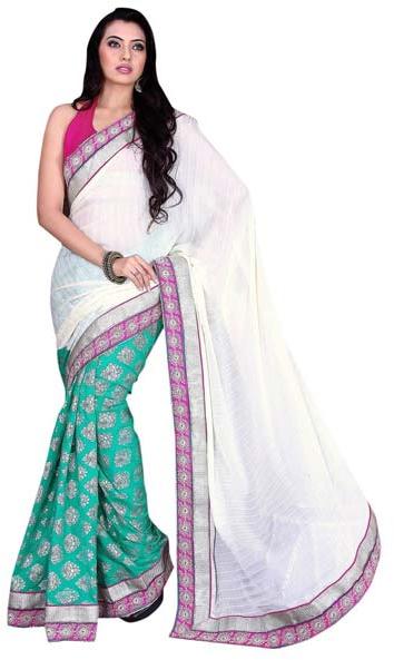 Divine Border Worked Green Colored Satin Crepe Saree